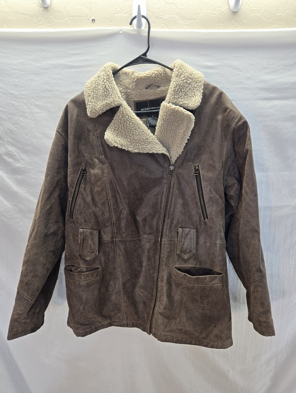 Vintage Y2K Moda International Women's Medium Brown Leather Sherpa Moto Jacket